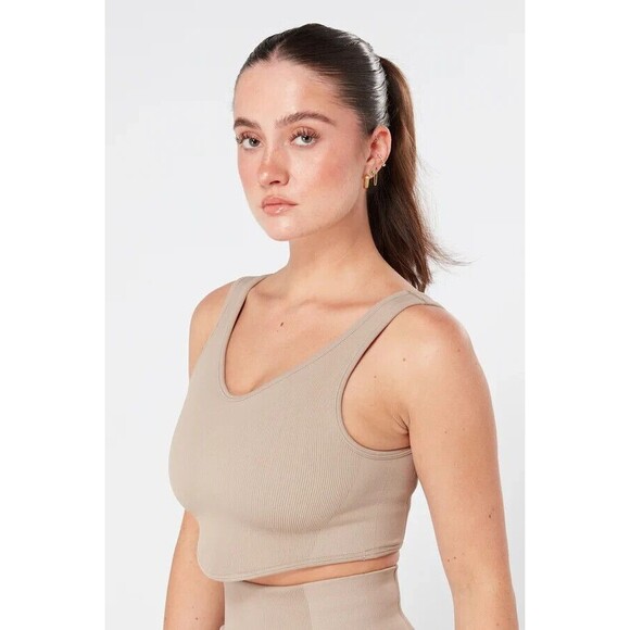 Twill Active Rib Dip Hem Sports Bra - Mocha Sweat-Proof Fabric Retail $48‎ - Picture 1 of 8